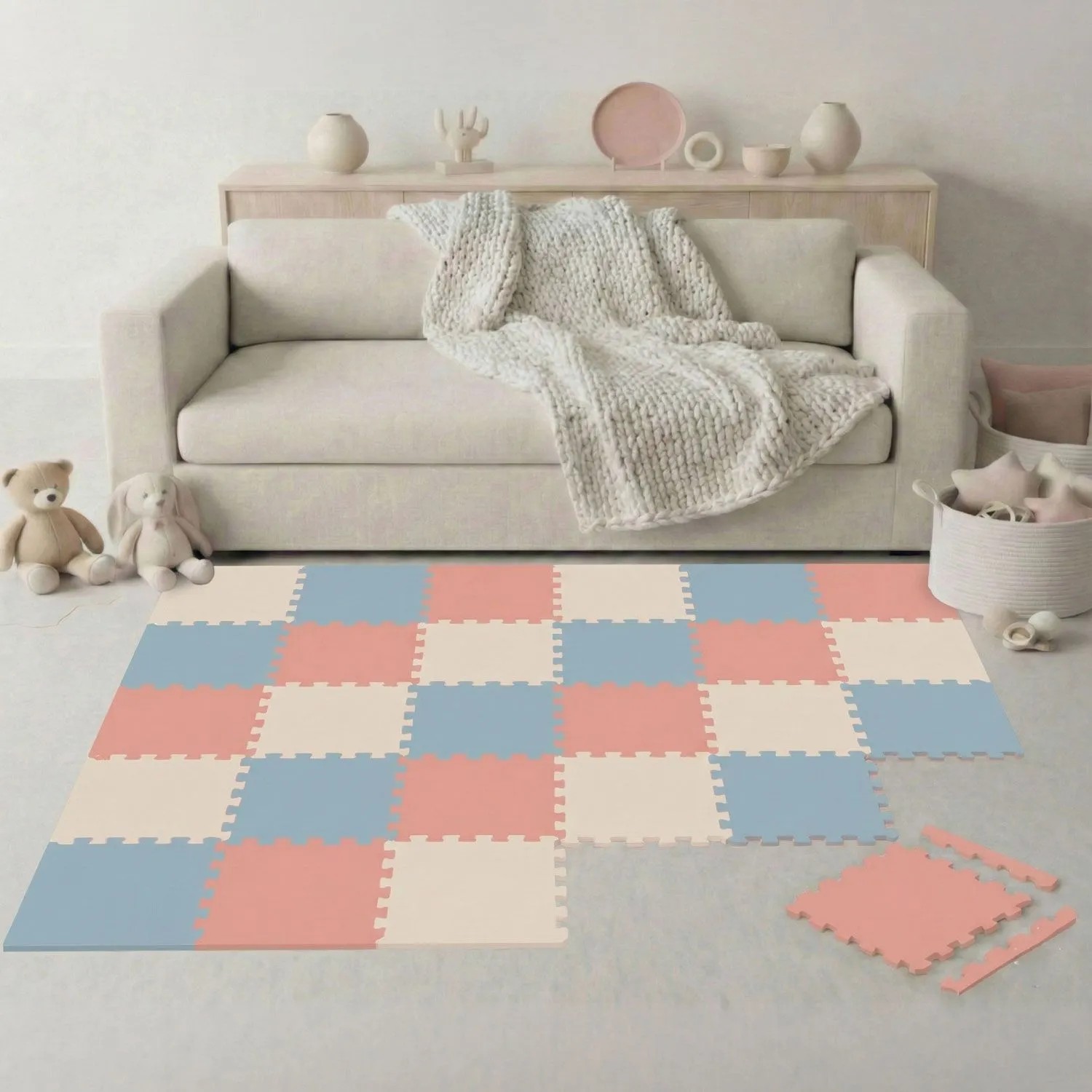 LittleTom Spiel- & Krabbelmatte Puzzlematte 27-teilig 30 x 30 cm Terracotta Grau-Blau Beige