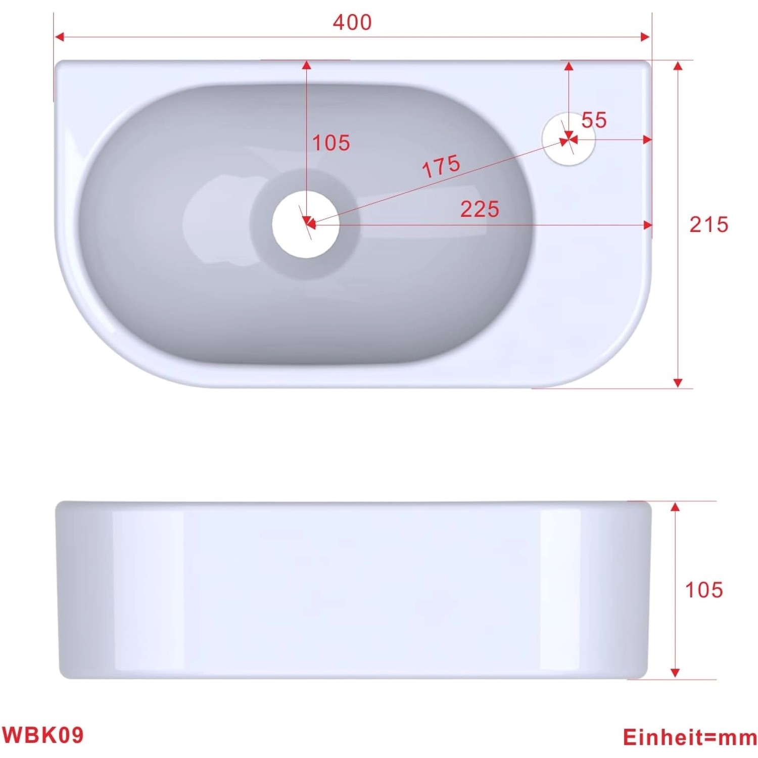 Aquabatos Handwaschbecken, weiß, 40x21,5x10,5 cm, mit Hahnloch, Maße und Details.