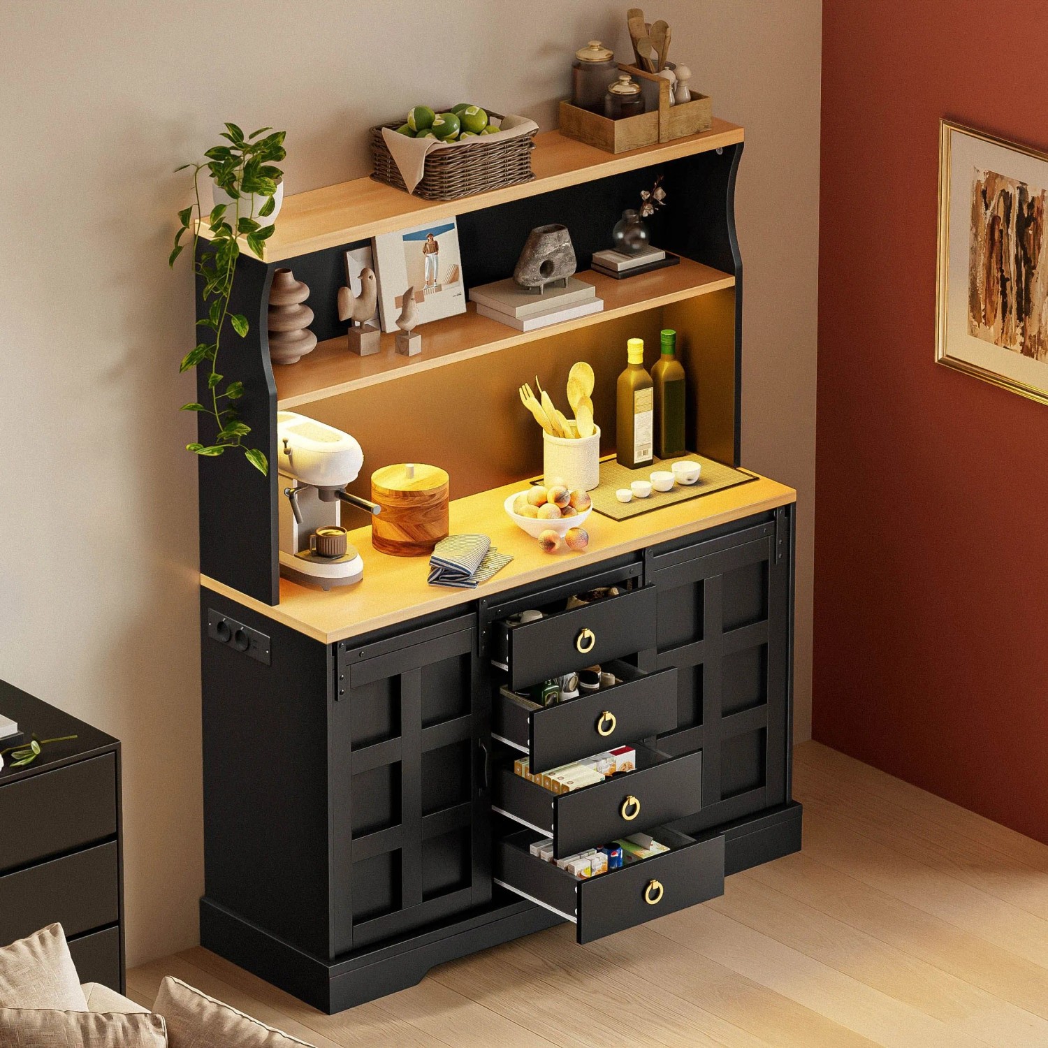 Merax Sideboard 150x120 cm LED Steckdose Weinregal 4 Schubladen Bar_3