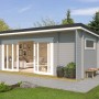 Lasita Maja Gartenhaus Java, lichtgraues Holzhaus mit großer Fensterfront und Pultdach.