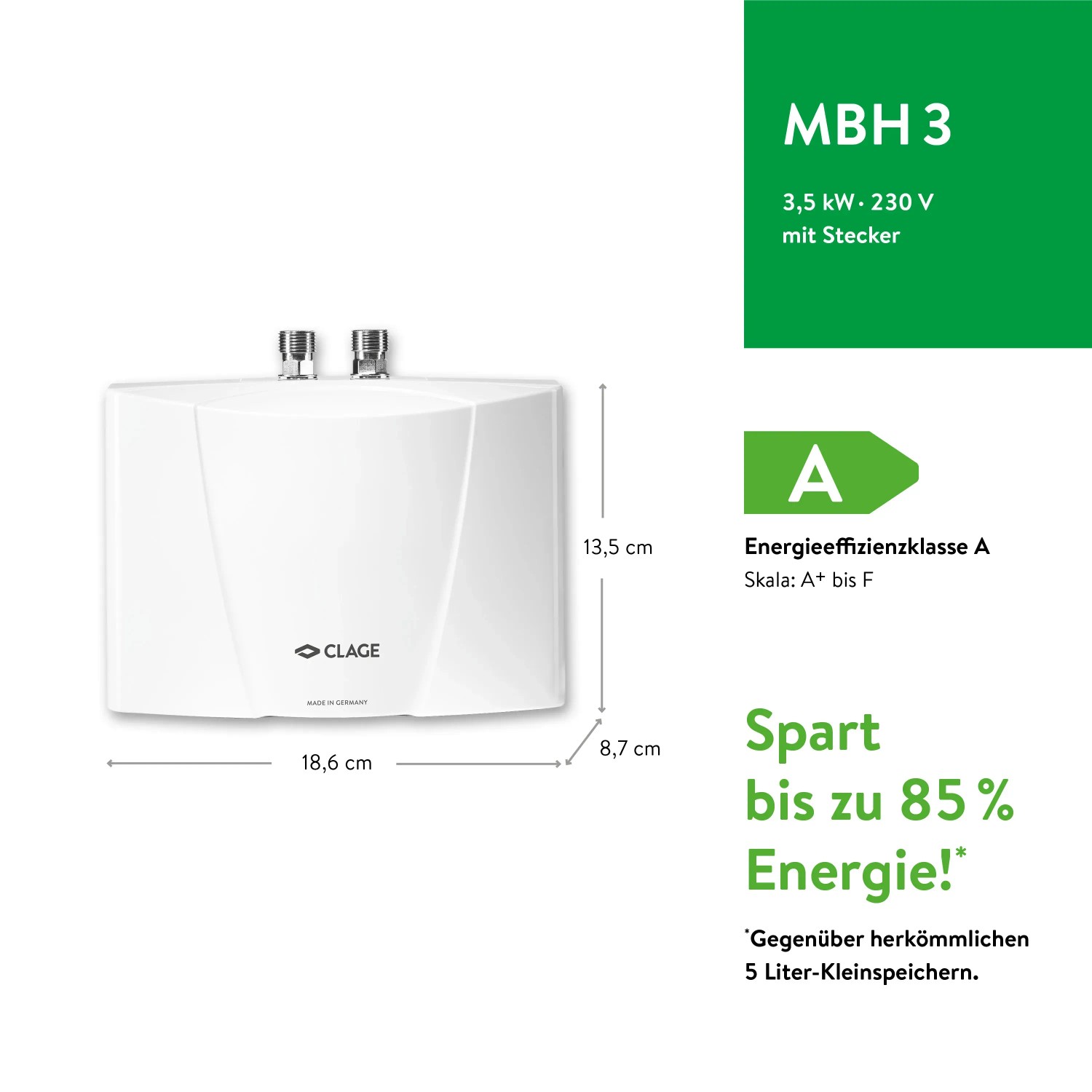 Clage Kleindurchlauferhitzer MBH3, 3,5 kW, Untertischgerät für Handwaschbecken.