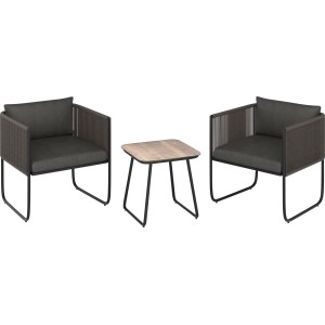 3-teiliges Lounge-Set Fullerton aus Wicker, Stahl, in Anthrazit-Grau mit Tisch und 2 Sesseln.