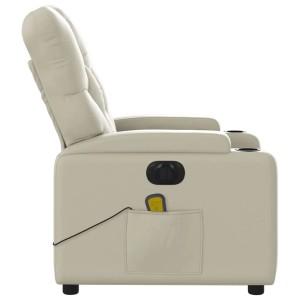 Elektrischer Massagesessel in Creme Kunstleder mit Fernbedienung und Getränkehalter.