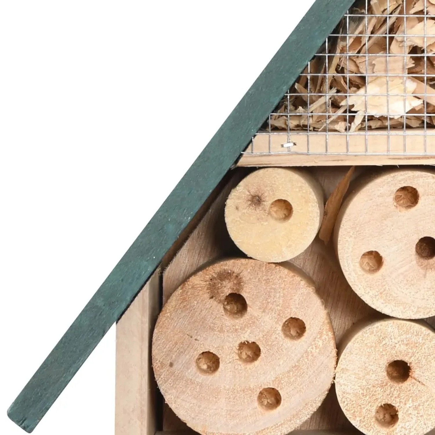 Detailansicht des vidaXL Insektenhotels aus Tannenholz mit verschiedenen Füllmaterialien.