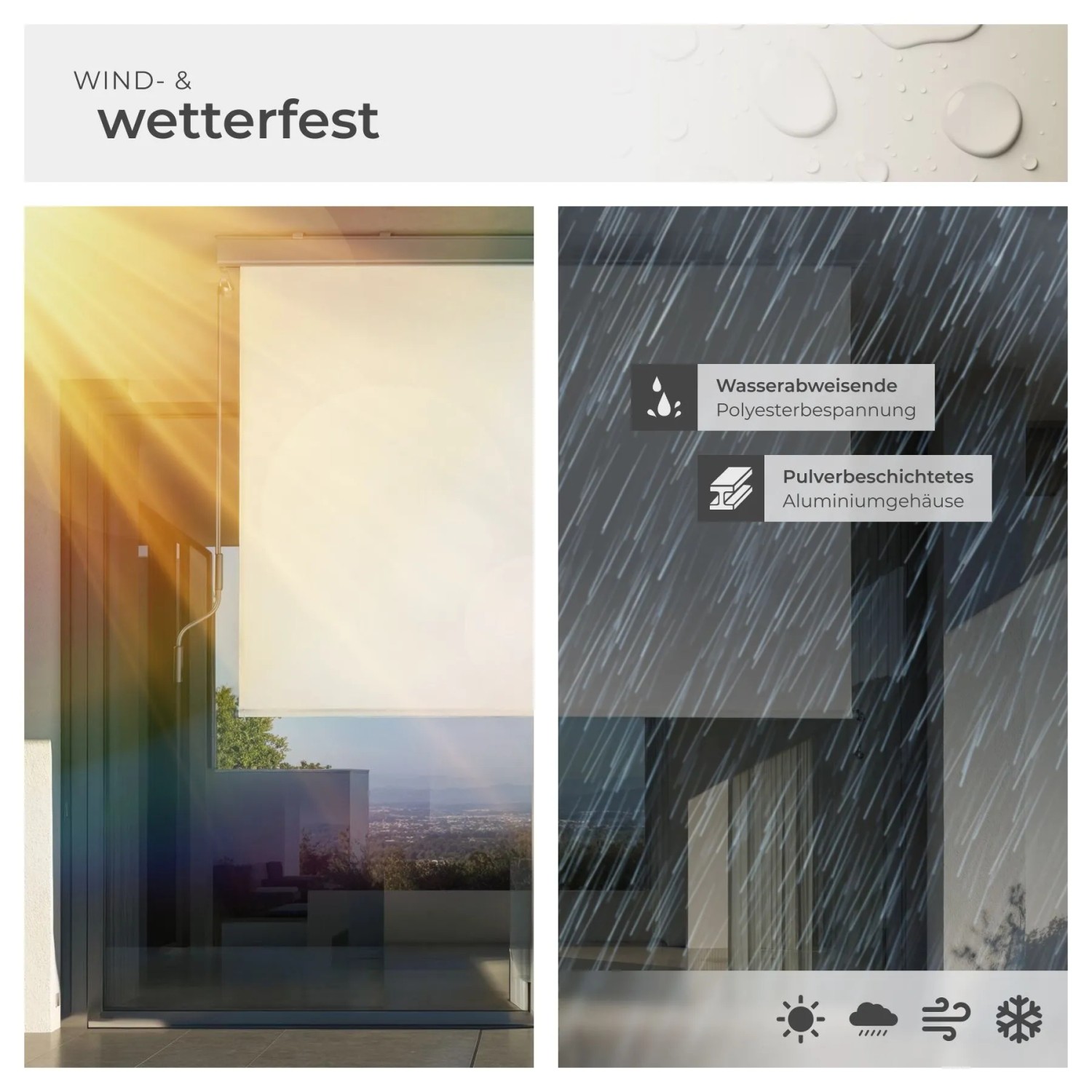 Beige Tectake Senkrechtmarkise Eloise schützt vor Sonne und Regen. Wind- & wetterfester Polyesterstoff, Aluminiumgehäuse.