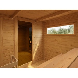 Innenansicht Karibu Gartensaunahaus Lenchen aus hellem Fichtenholz, mit Vorraum, bronzierter Glastür, Liege und Fenster.