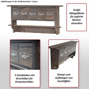 Weißes Küchenregal aus Paulowniaholz mit 5 Schubladen, 4 Haken und Stange. Praktisches Wandregal für Küchenutensilien.