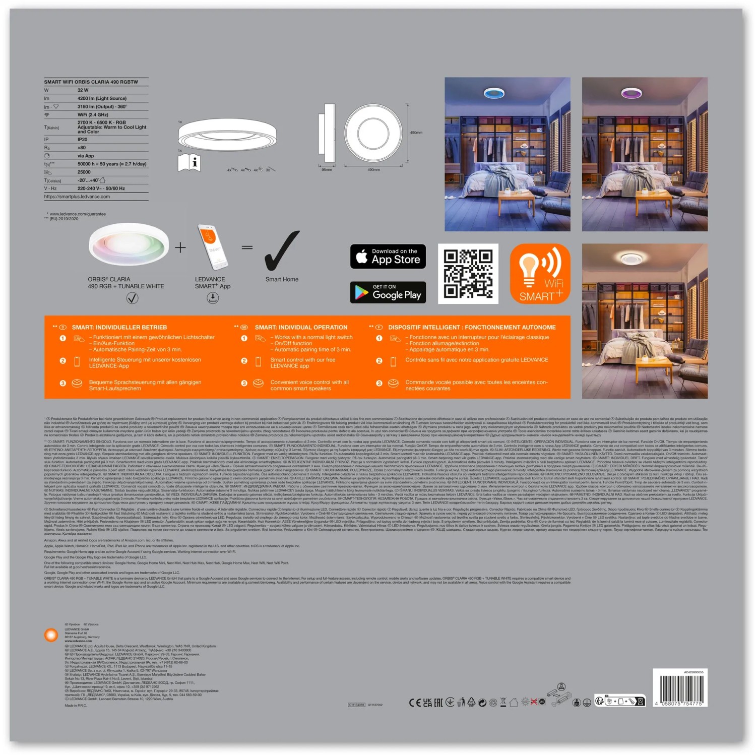 Ledvance Smart+ WiFi Deckenleuchte Orbis Claria RGBTW, Ø 49cm, smarte Lampe mit Farbwechsel.