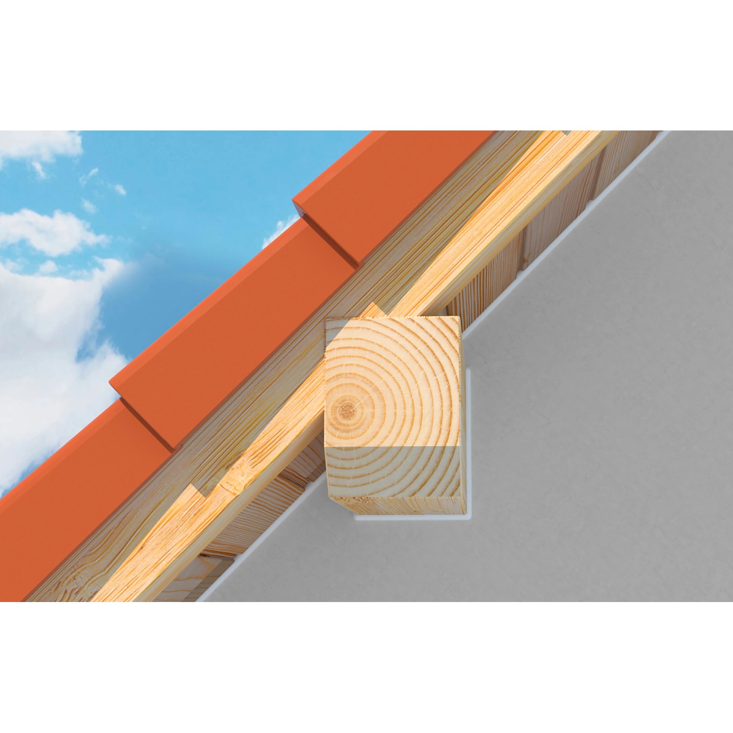 Detailaufnahme einer Hauswand mit Dachsparren und Anwendung von Fischer Strukturacryl Premium DSA.