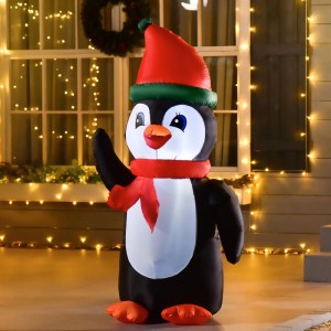 Aufblasbarer HOMCOM Weihnachts-Pinguin 1,6 m mit roter Mütze, Schal und LED-Beleuchtung für festliche Dekoration.