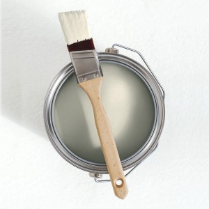 Dose V&CO Innenfarbe Dead Flat Matt Sandbeige mit Pinsel. Bunte Wandfarbe.
