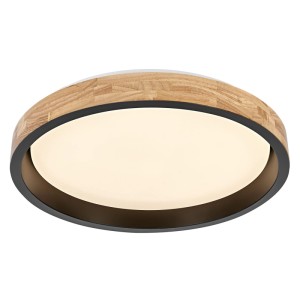 Runde Osram LED-Deckenleuchte Orbis Mariano mit Holz-Ring und schwarzem Metallgehäuse, leuchtet warmweiß.
