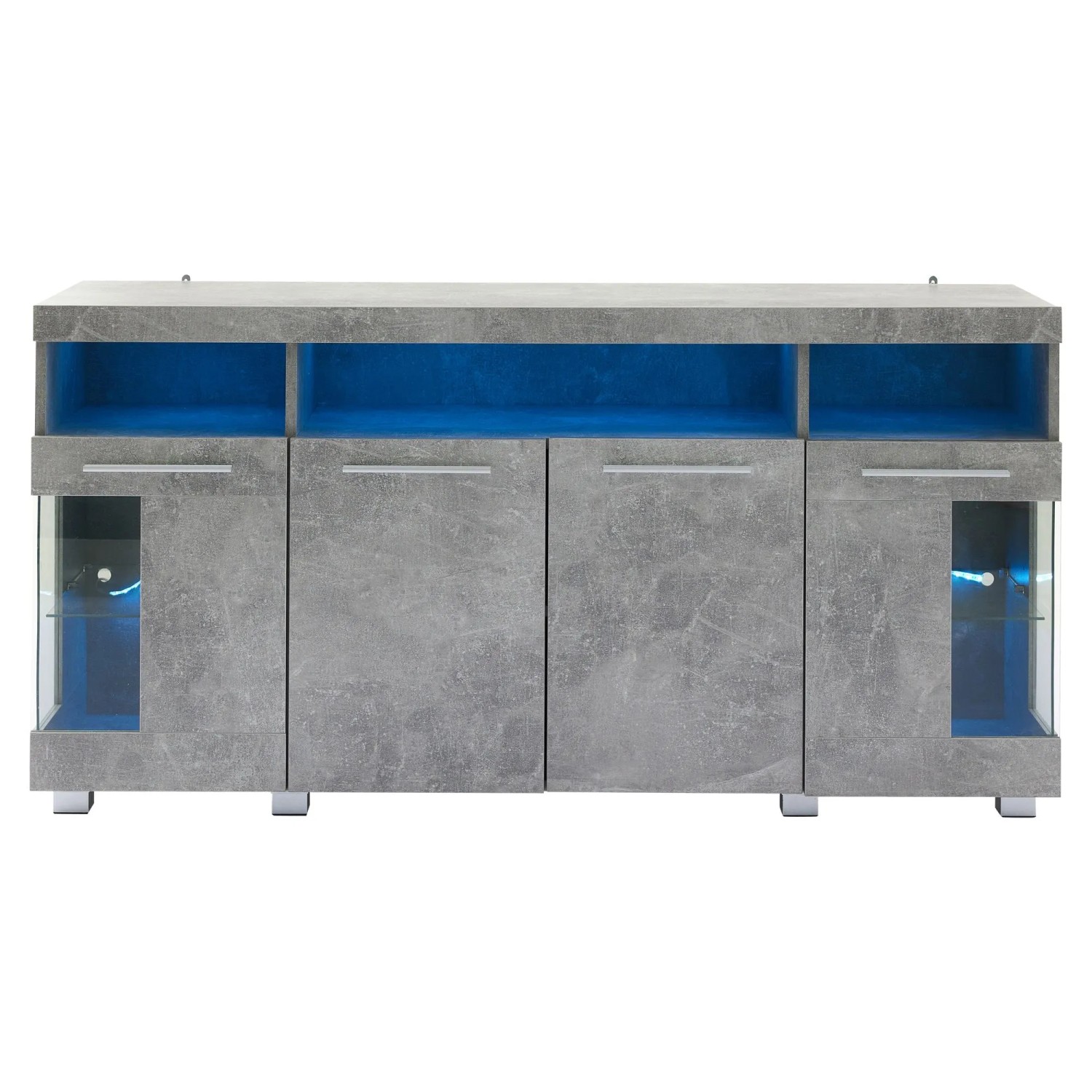 ModernLuxe Sideboard mit Led Beleuchtung 4 Türen 3 Hartglasfächern MDF Grau
