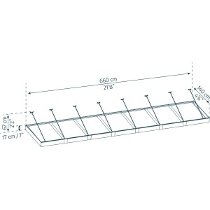 Technische Zeichnung: Palram Canopia Vordach Sophia XL, 6,6 m x 1,4 m, Terrassenüberdachung mit Maßen.