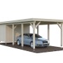 Heller Palmako Carport Karl mit Geräteraum und Auto. Holzkonstruktion mit Flachdach. FSC®-zertifiziert.