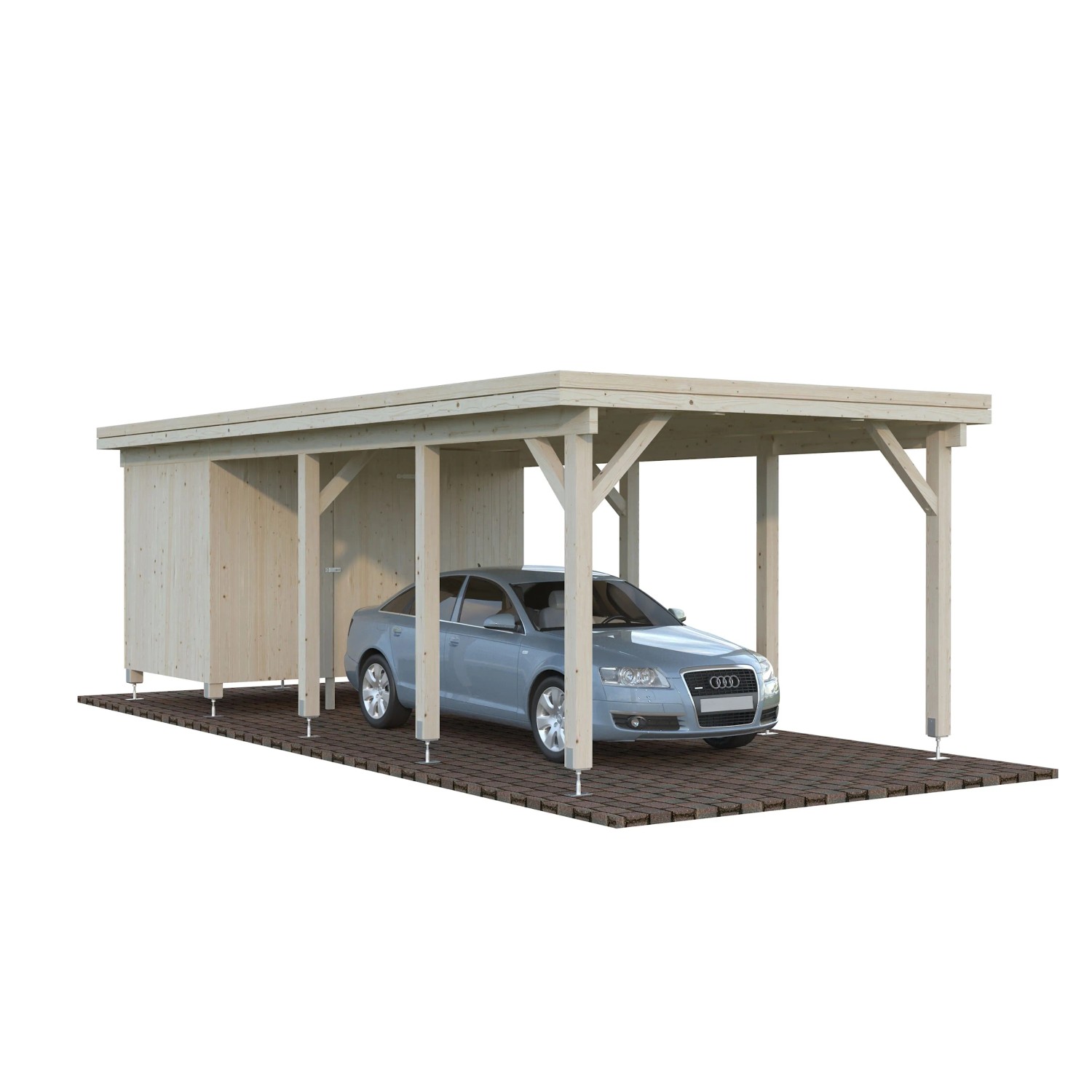 Heller Palmako Carport Karl mit Geräteraum und Auto. Holzkonstruktion mit Flachdach. FSC®-zertifiziert.