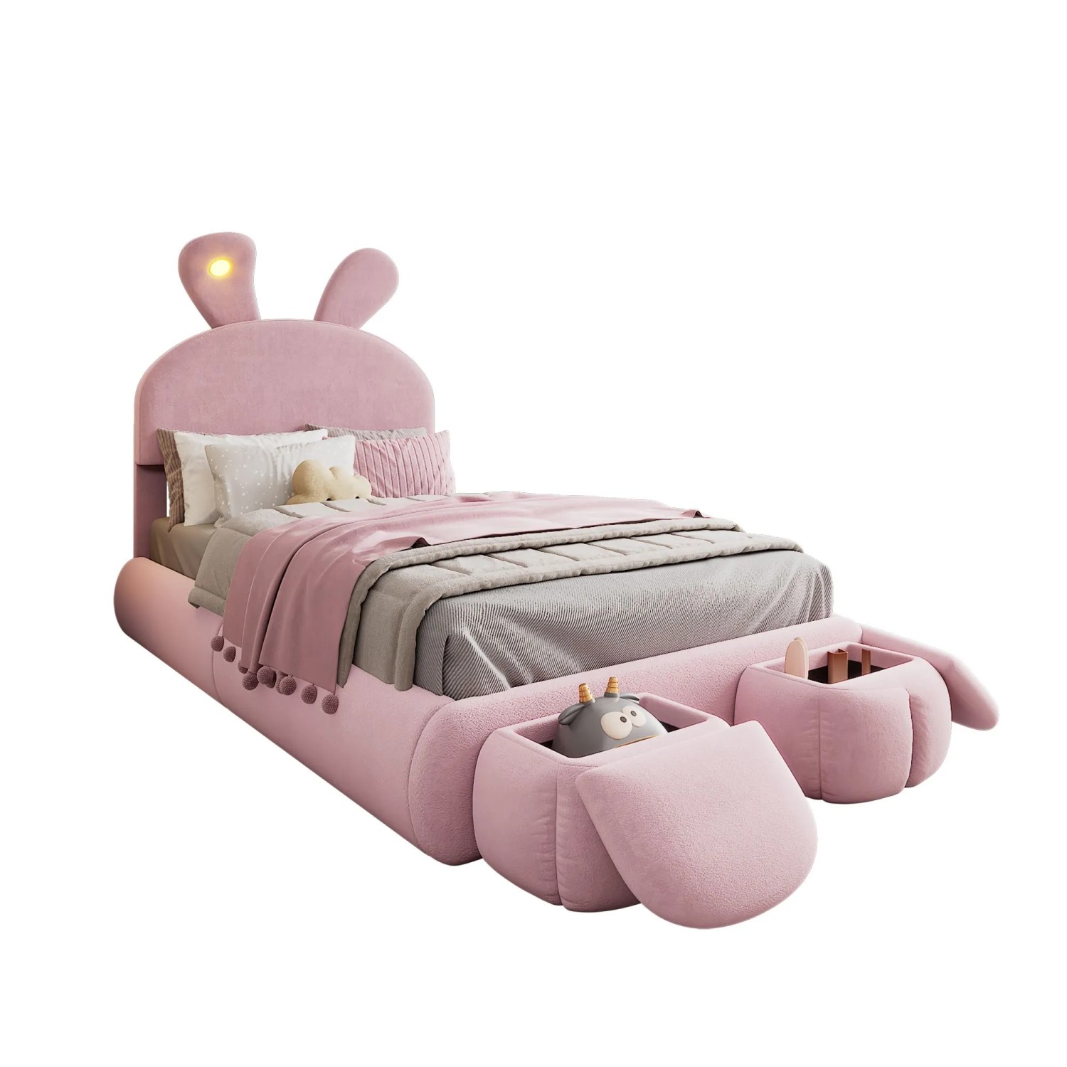 PXloue Kinderbett 90x200cm Polsterbett Samt Hasenohren LED Licht mit Aufbewahrungshockern Rosa