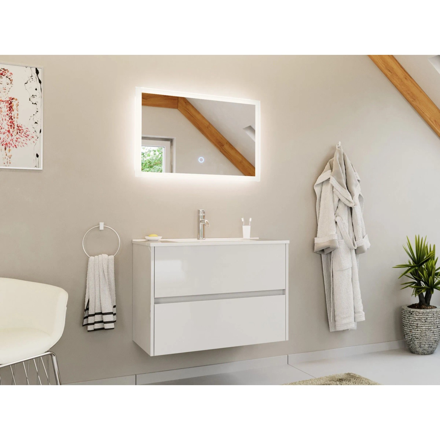 Posseik Badmöbelset Limes 80 Cm Waschtisch LED Spiegel Weiß Hochglanz