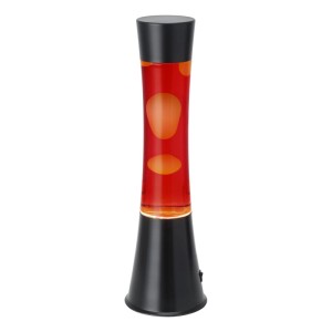 Moderne LED-Lavatischleuchte in Schwarz mit roter Flüssigkeit und weißem Wachs. Zylindrische Form, Lava-Effekt.