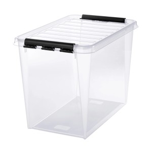Transparente SmartStore Aufbewahrungsbox Classic 66 l mit Deckel und schwarzen Clips.