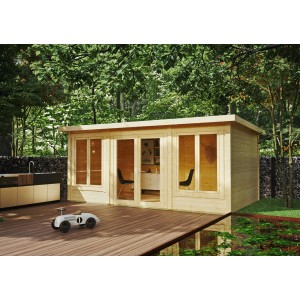 Unbehandeltes Kiehn-Holz Gartenhaus KH 44-009 (520x300cm) mit Fenster und Doppeltür.