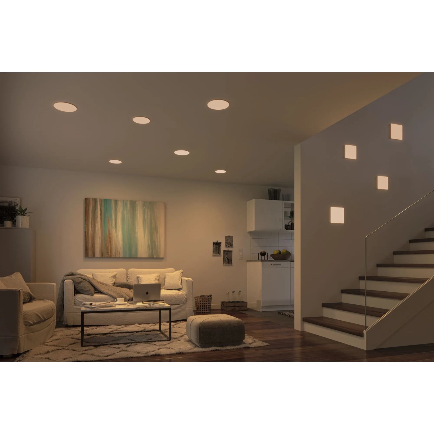 Wohnraum mit Paulmann LED-Einbaupanel Veluna, warmweißes Licht, eckig, 185x185 mm.