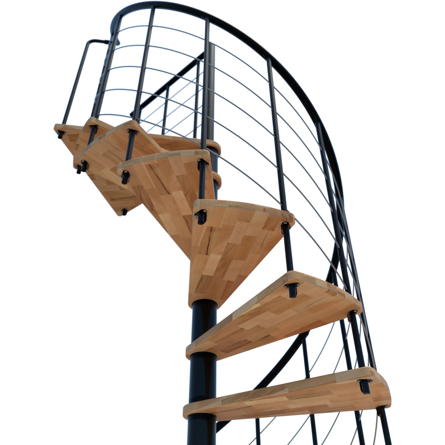 Minka Spindeltreppe Venezia Smart Buche Schwarz, spiralförmige Innentreppe mit Holzstufen und schwarzem Geländer.