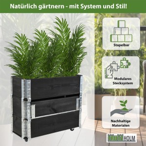 Schwarzes TRUTZHOLM Hochbeet auf Rollen, 80x30x68 cm, mit Pflanzen für Garten oder Balkon.