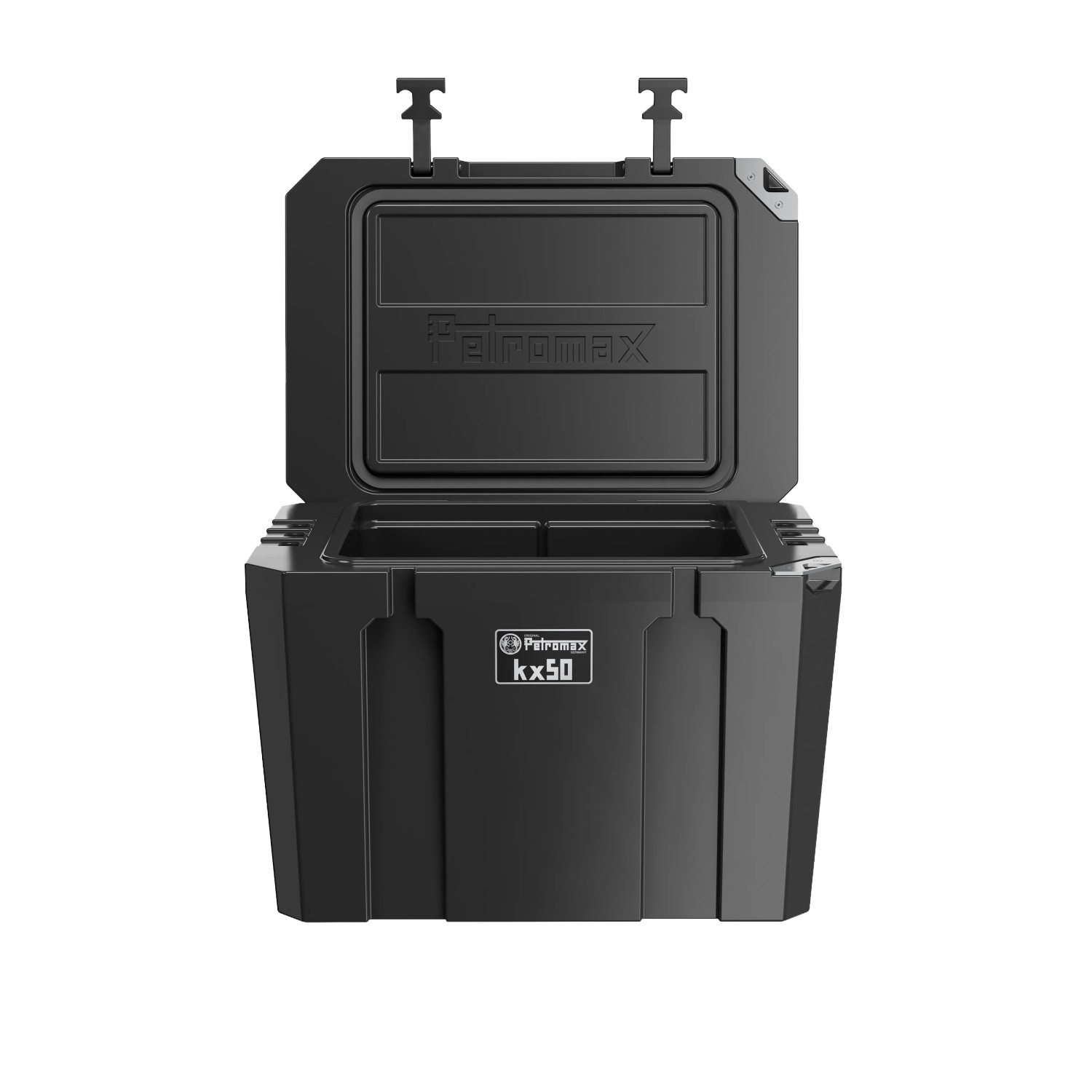 Geöffnete, schwarze Petromax Kühlbox kx50 mit 50 l Volumen für Camping & Outdoor.