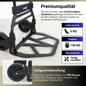 PROREGAL Klappbare Profi-Sackkarre ELEPHANT 115x50x53cm Traglast 150kg Aluminiumrahmen TRR Fachgummiräder Schwarz