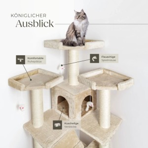 Beiger Tectake Kratzbaum Knuti mit Katzenhaus, Liegeflächen und Katze auf der obersten Plattform.