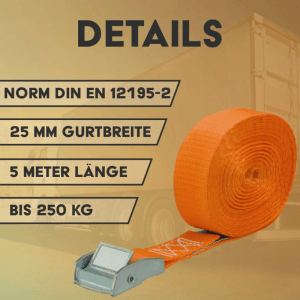 Oranger MCS Spanngurt, 5m x 25mm, 2er Set mit Klemmschloss für Ladungssicherung bis 250kg.