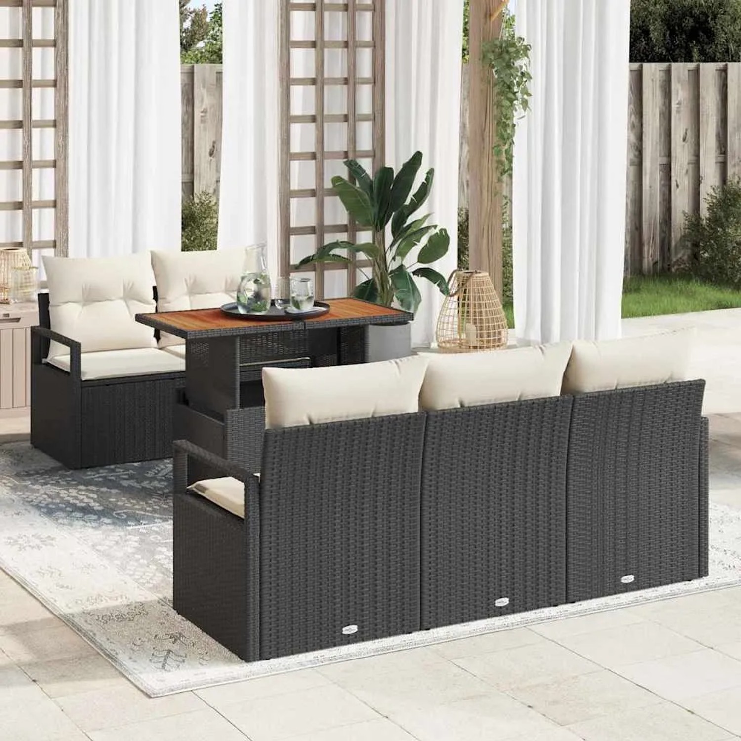 Schwarzes 6-tlg. vidaXL Garten-Sofa-Set aus Poly Rattan mit Tisch und Stauraum.