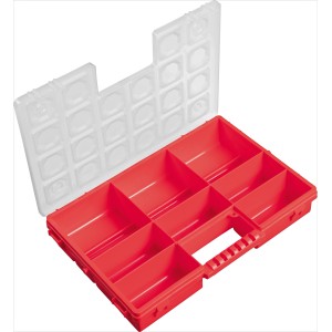 Roter LUX Sortierkasten mit 8 Fächern und transparentem Deckel, ideal für Aufbewahrung.