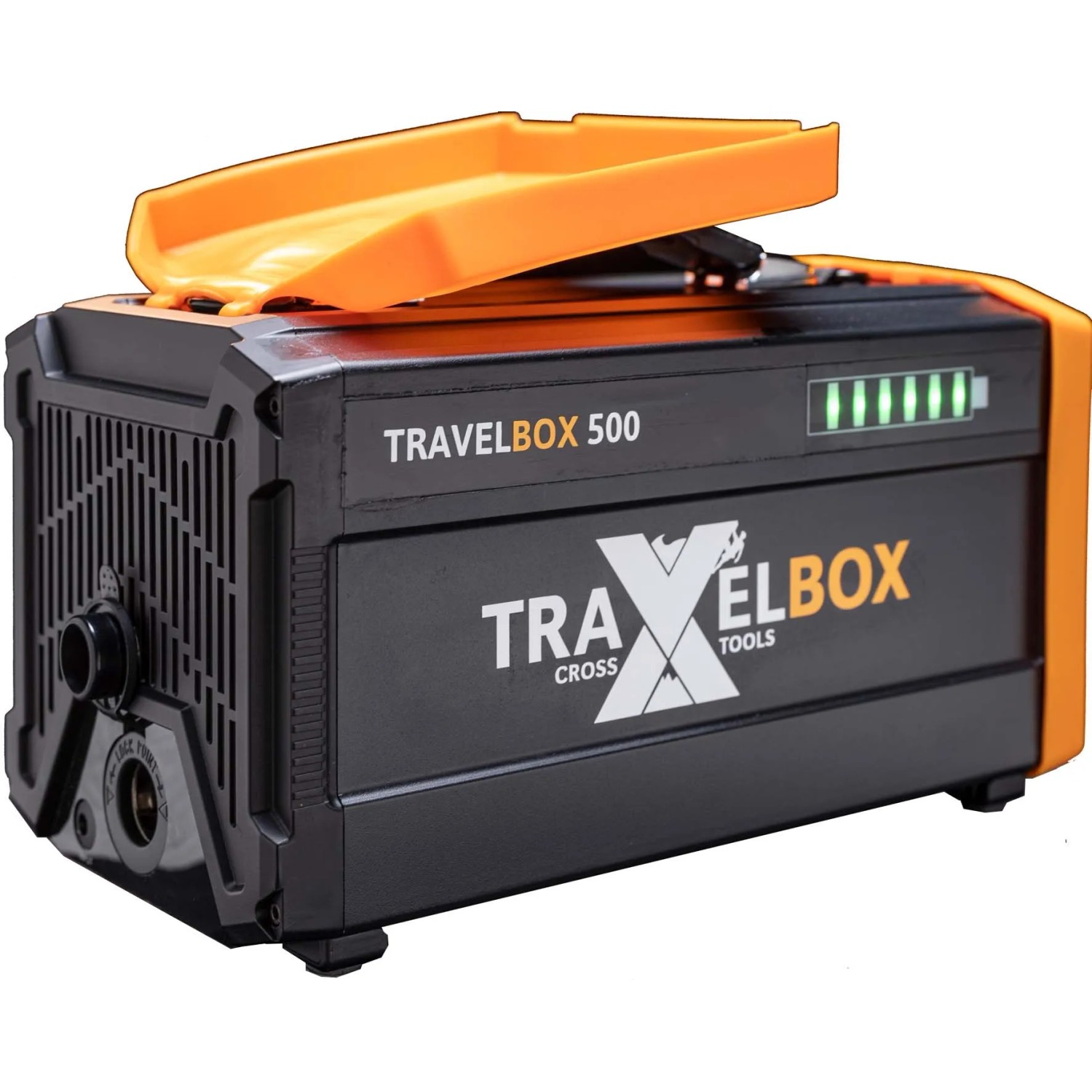 Cross Tools Travelbox 500 Power Station: Akkubox mit orangefarbenem Deckel und LED-Ladeanzeige.