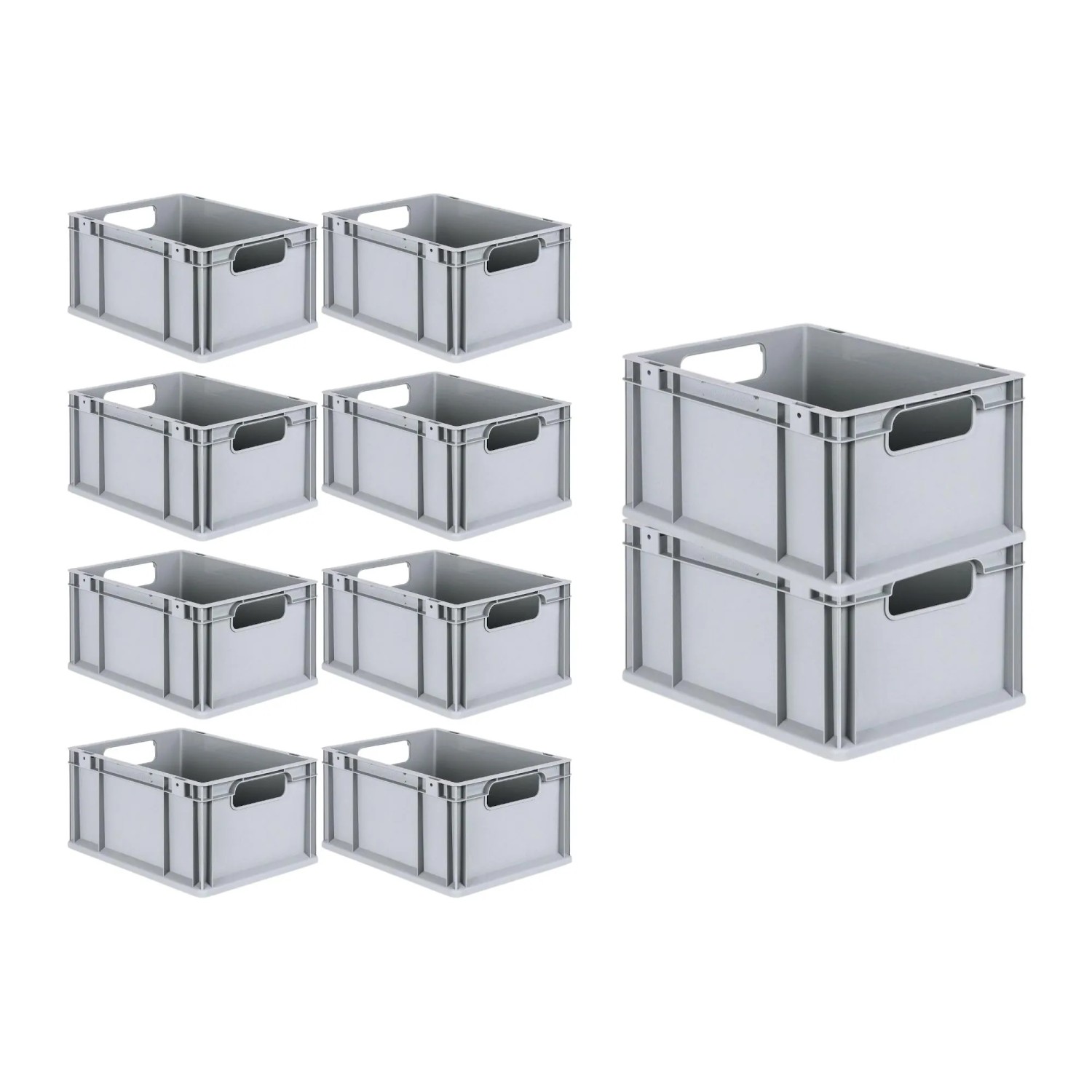 PROREGAL Spar Set: 10 graue Euroboxen mit Deckel, 20 Liter, für Lagerung und Transport.