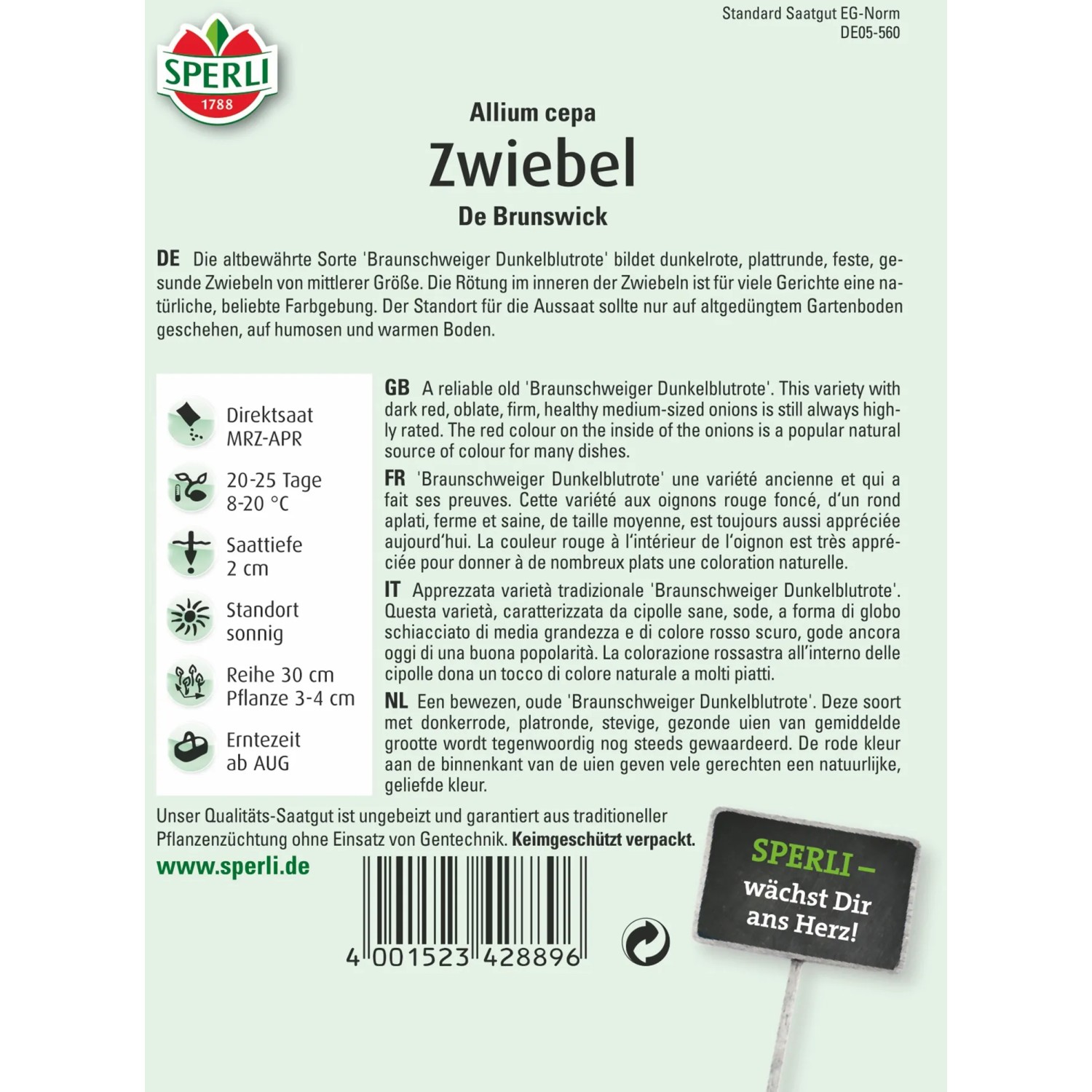 Sperli Zwiebel De Brunswick Samenpackung mit dunkelroten Zwiebeln.