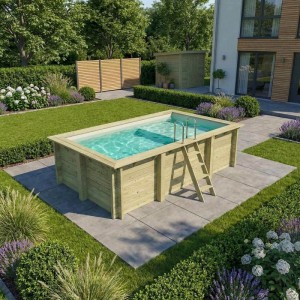 ALTANKA Holzpool Aqua 4,65x2,85 Höhe 1,24 m SANDFARBEN mit Liegefläche mit am Beton Verschraubten Stützen BAS7306OSPL3+PLA306