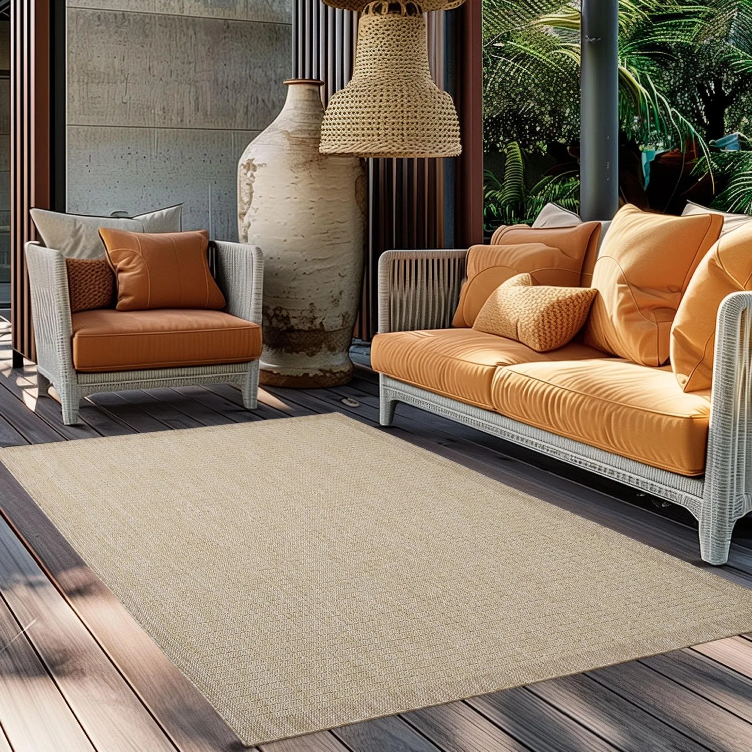 Beiger Ayyildiz Outdoor-Teppich Giza 80x150 cm in Sisal-Optik auf einer Terrasse.