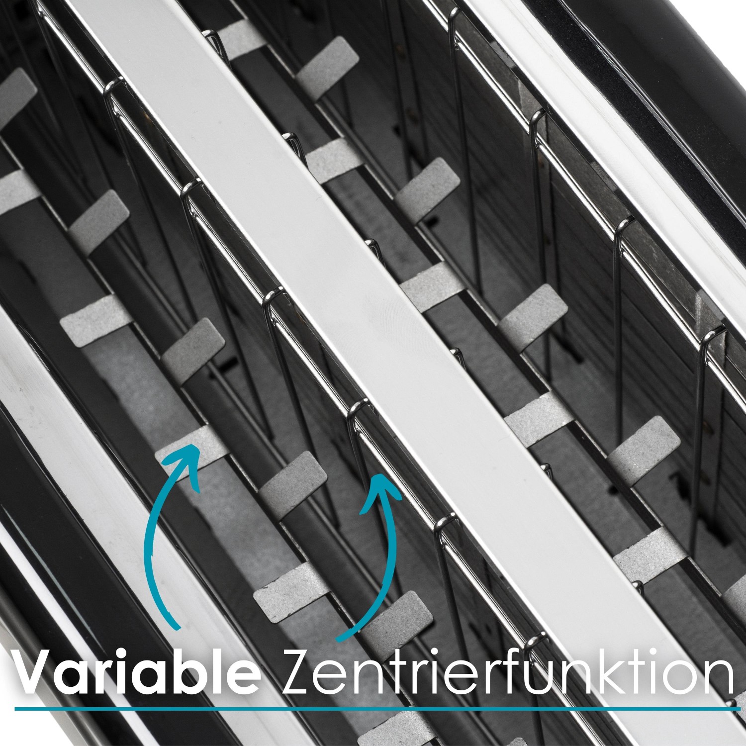 Detailaufnahme des Zilan Langschlitz Toasters: Variable Zentrierfunktion für gleichmäßiges Toasten.