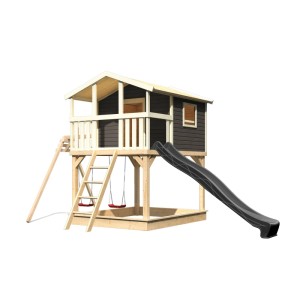 Karibu Stelzenhaus Benjamin mit Rutsche und Doppelschaukel, natur-grau, für Kinder zum Spielen im Garten.