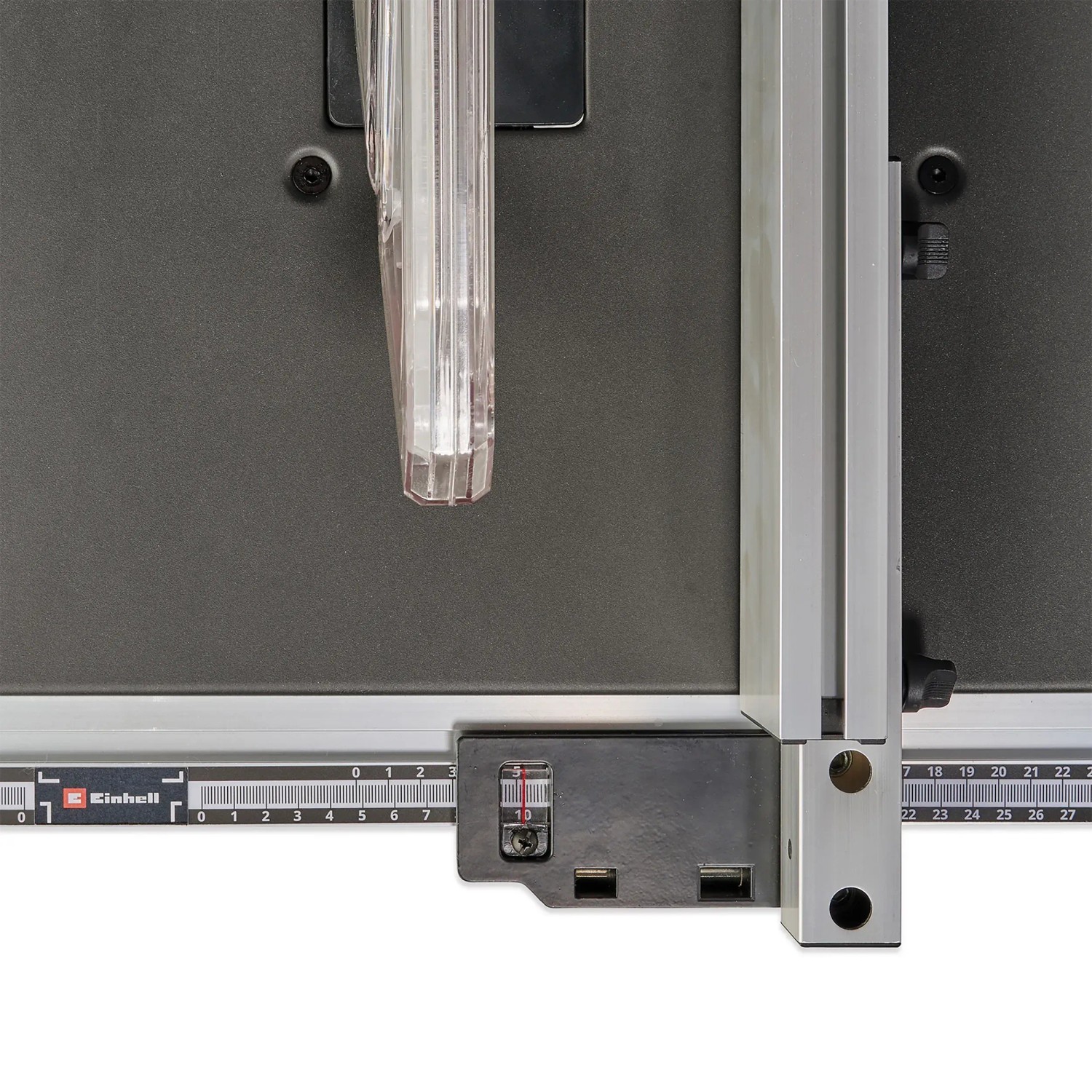 Detailansicht: Einhell TC-TS 2025/3 Eco Tischkreissäge mit Parallelanschlag und Skala.