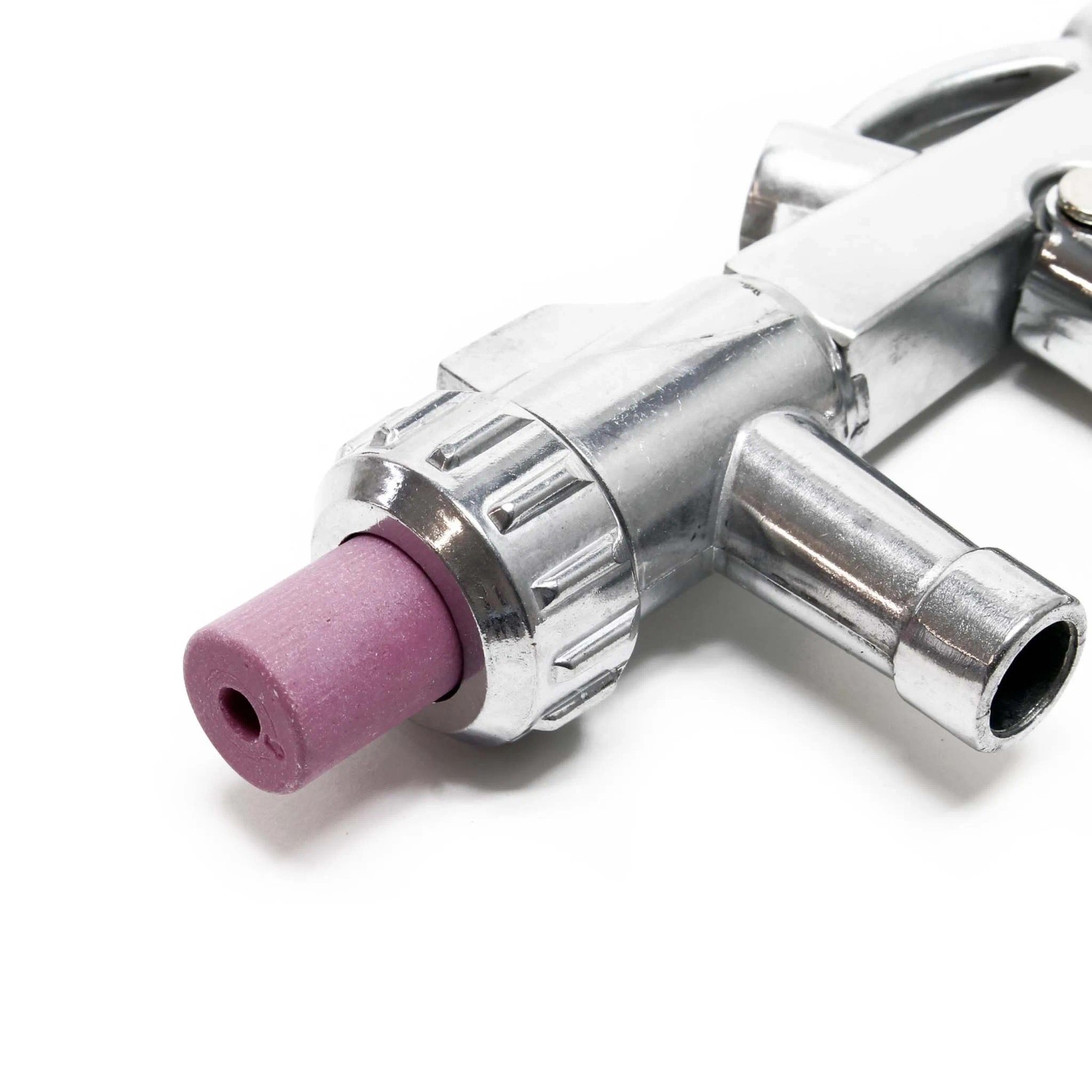 Wiltec Sandstrahlpistole aus Aluminium mit rosa Keramikdüse. Detailansicht des Sandstrahlgeräts, Zubehör für Kompressoren.