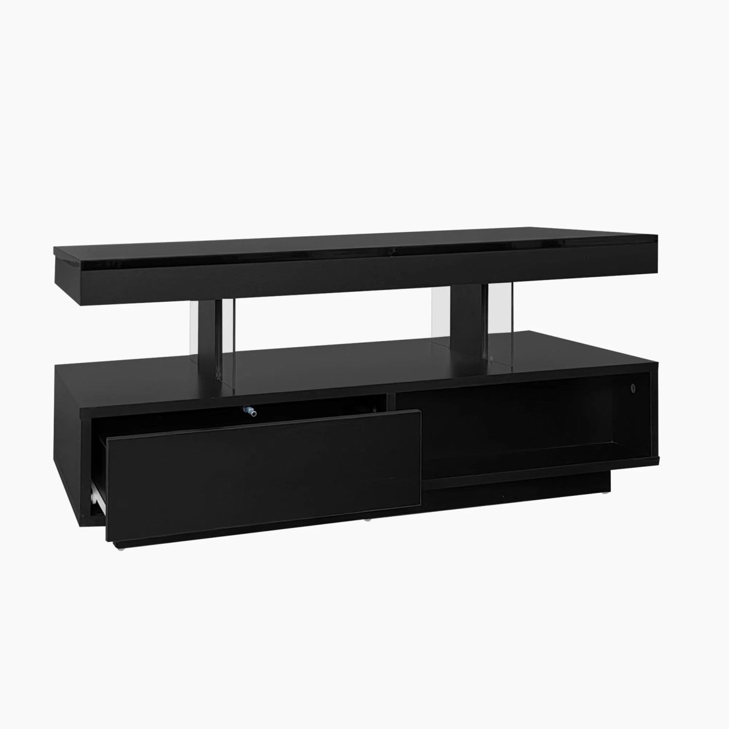 okwish Couchtisch mit 4 Glasplatten 2 Schubladen Fächern 95x50x42.5cm Hochglanz Schwarz