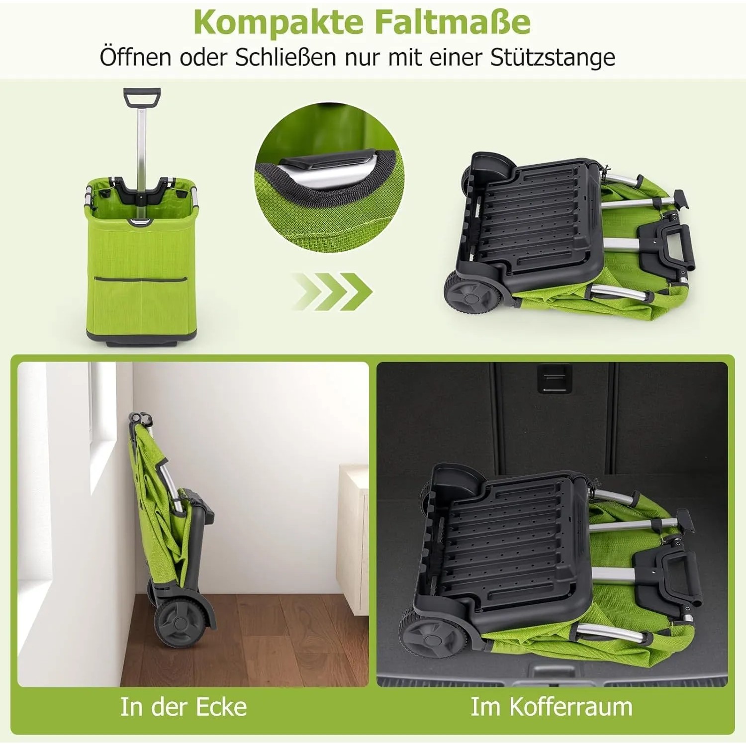 Grüner Costway 50L Einkaufstrolley, klappbar, stehend und kompakt verstaut in Ecke/Kofferraum. Ideal für Einkäufe.