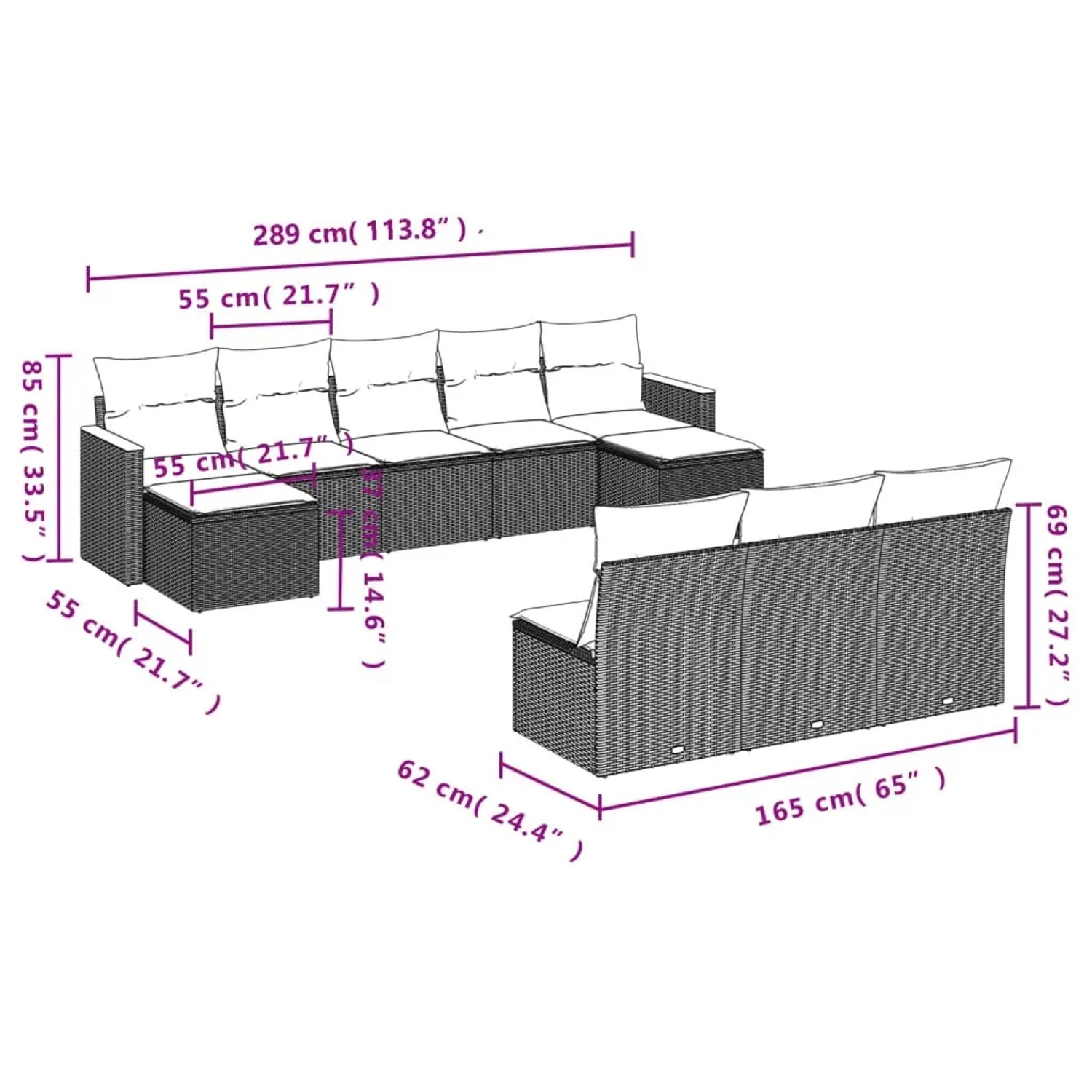 vidaXL Garten-Sofagarnitur, 10-teilig, beige Poly Rattan, mit Maßen. Ideal für Terrasse und Garten.