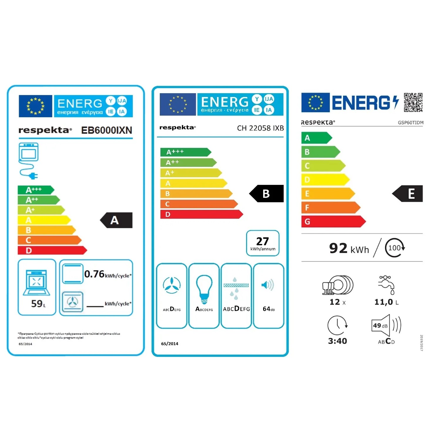 Energieeffizienzlabel für Respekta Einbauherd, Dunstabzugshaube und Geschirrspüler.