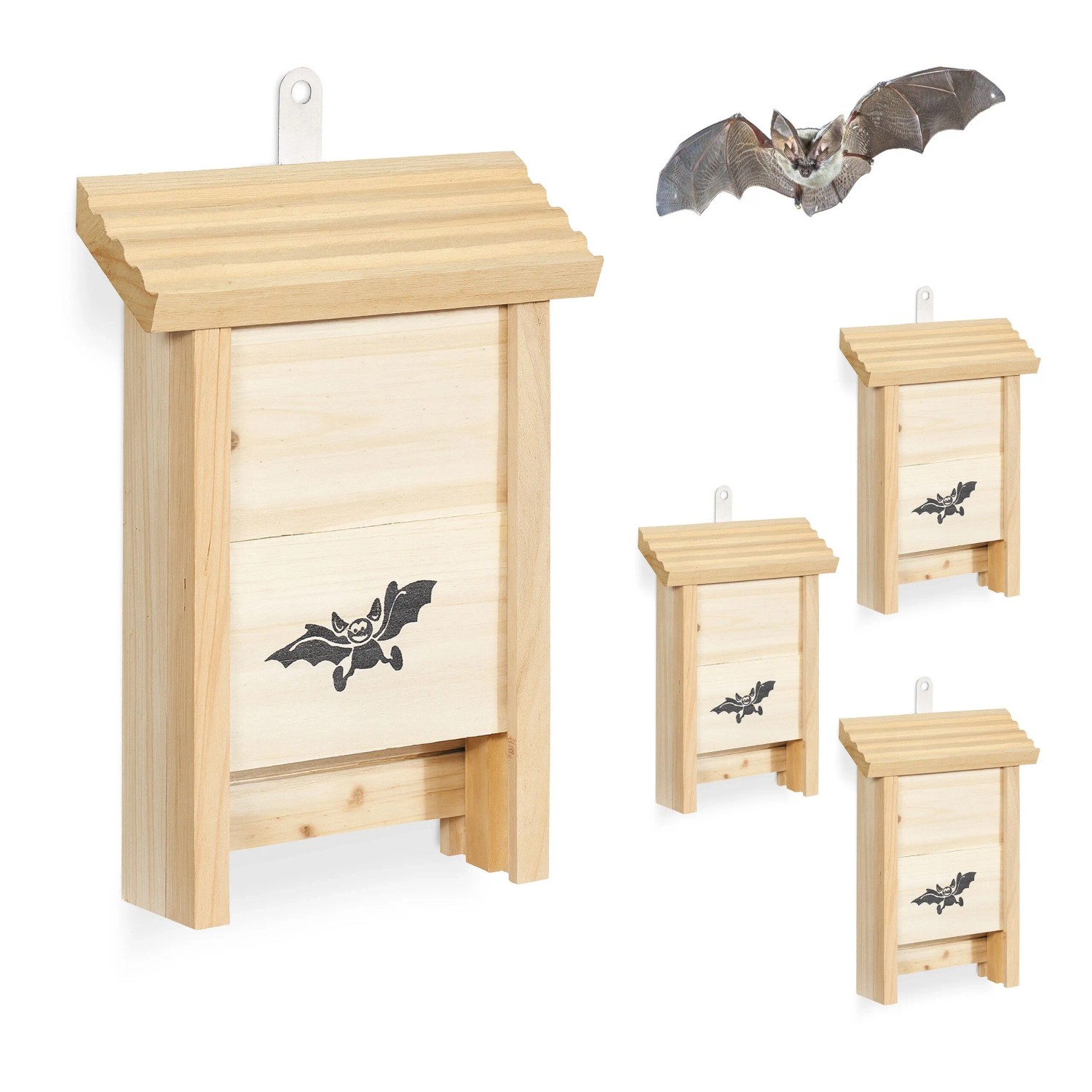 Relaxdays Fledermauskasten Tannenholz Metall Natur 4er Set 25 cm x 18 cm x 6 cm je 320 g