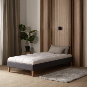 Graues Polsterbett 90x200 cm mit Lattenrost. Schlichtes Design für Schlaf- oder Gästezimmer.