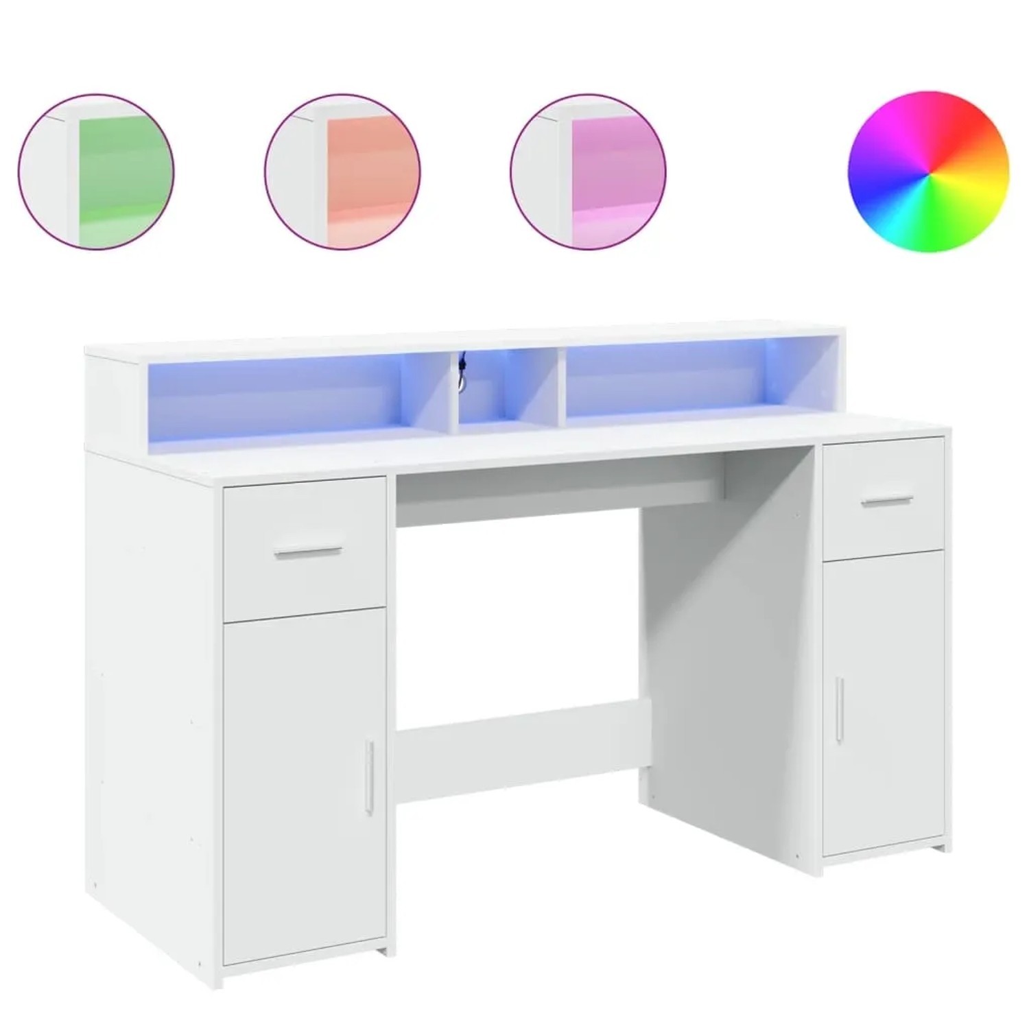 Weißer LED-Schreibtisch (140x55x91 cm) mit Schubladen und Fächern für Büro oder Gaming.